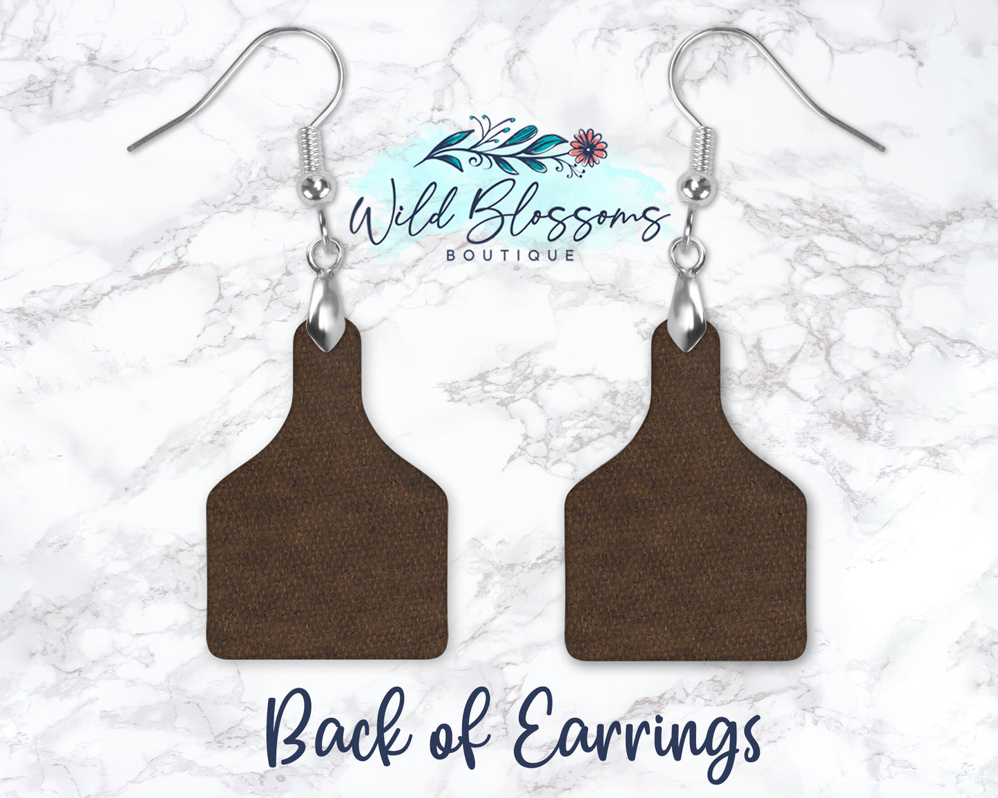 Brown Leather Look Cow Tag Drop Earrings