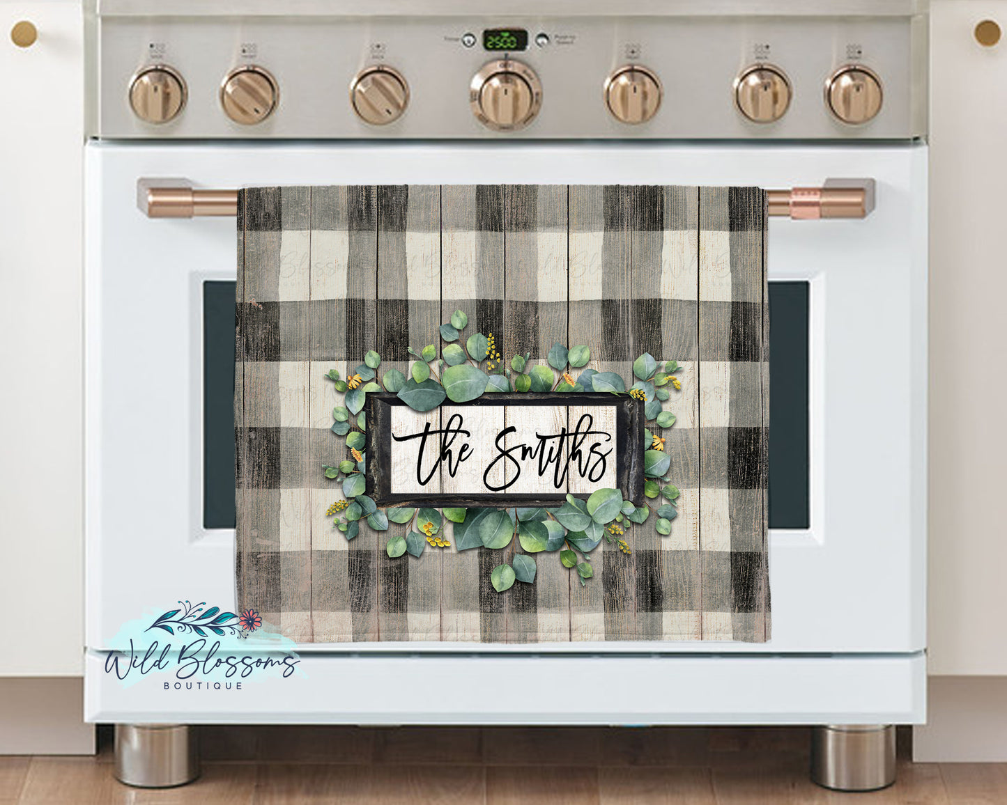 White Buffalo Plaid and Eucalyptus Frame Glass Cutting Board