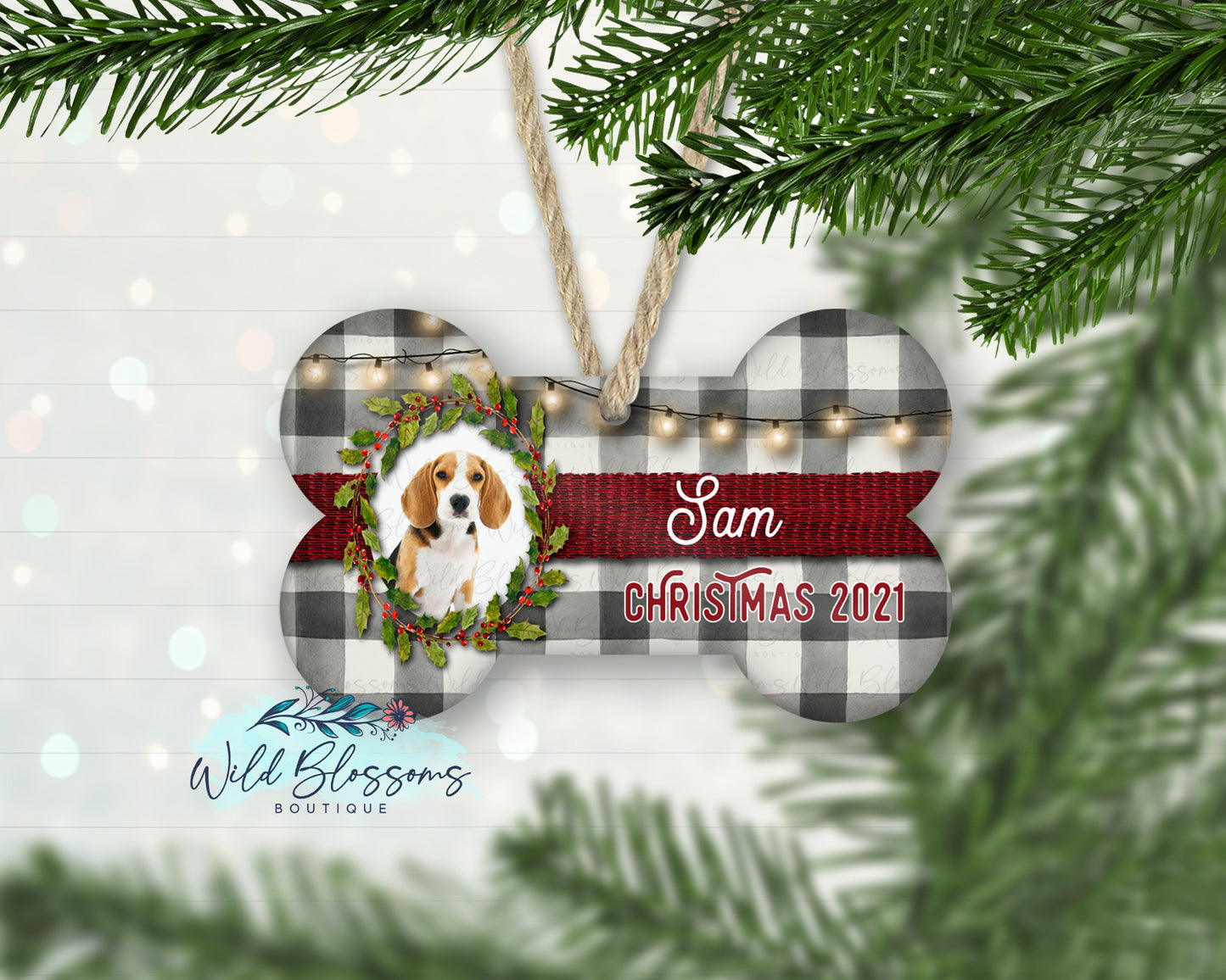 Buffalo Plaid Dog Bone Photo Ornament