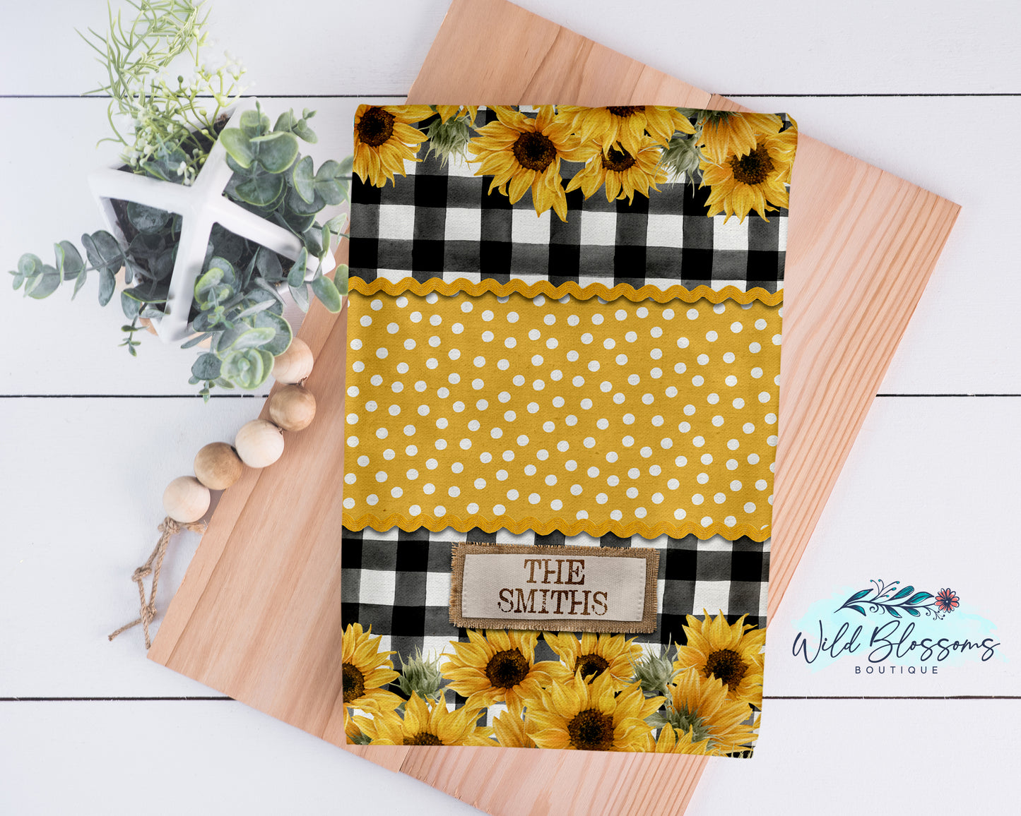 Buffalo Plaid Sunflower And Polka Dot Personalized Kitchen Towel