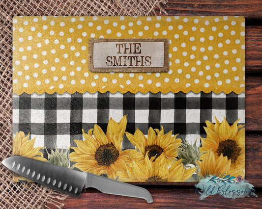 Buffalo Plaid Sunflower And Polka Dot Personalized Glass Cutting Board