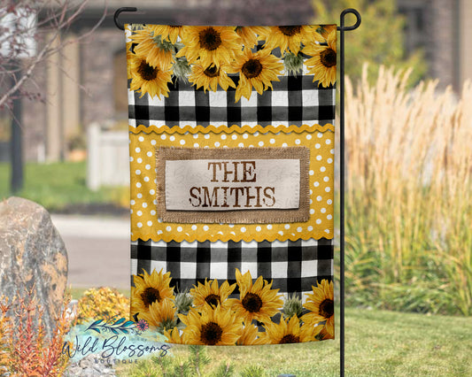 Buffalo Plaid Sunflower And Polka Dot Personalized Garden Flag