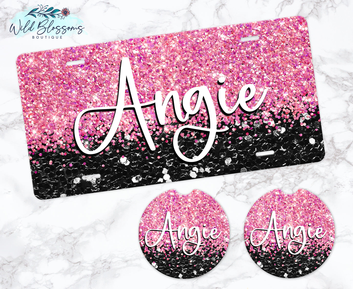 Black And Pink Glitter License Plate