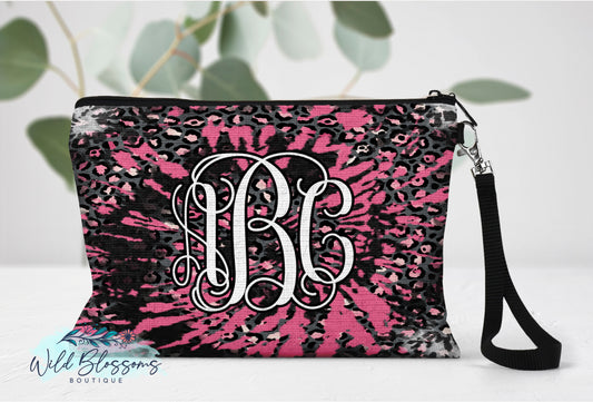 Black And Pink Leopard Print Tie Dye Linen Bag
