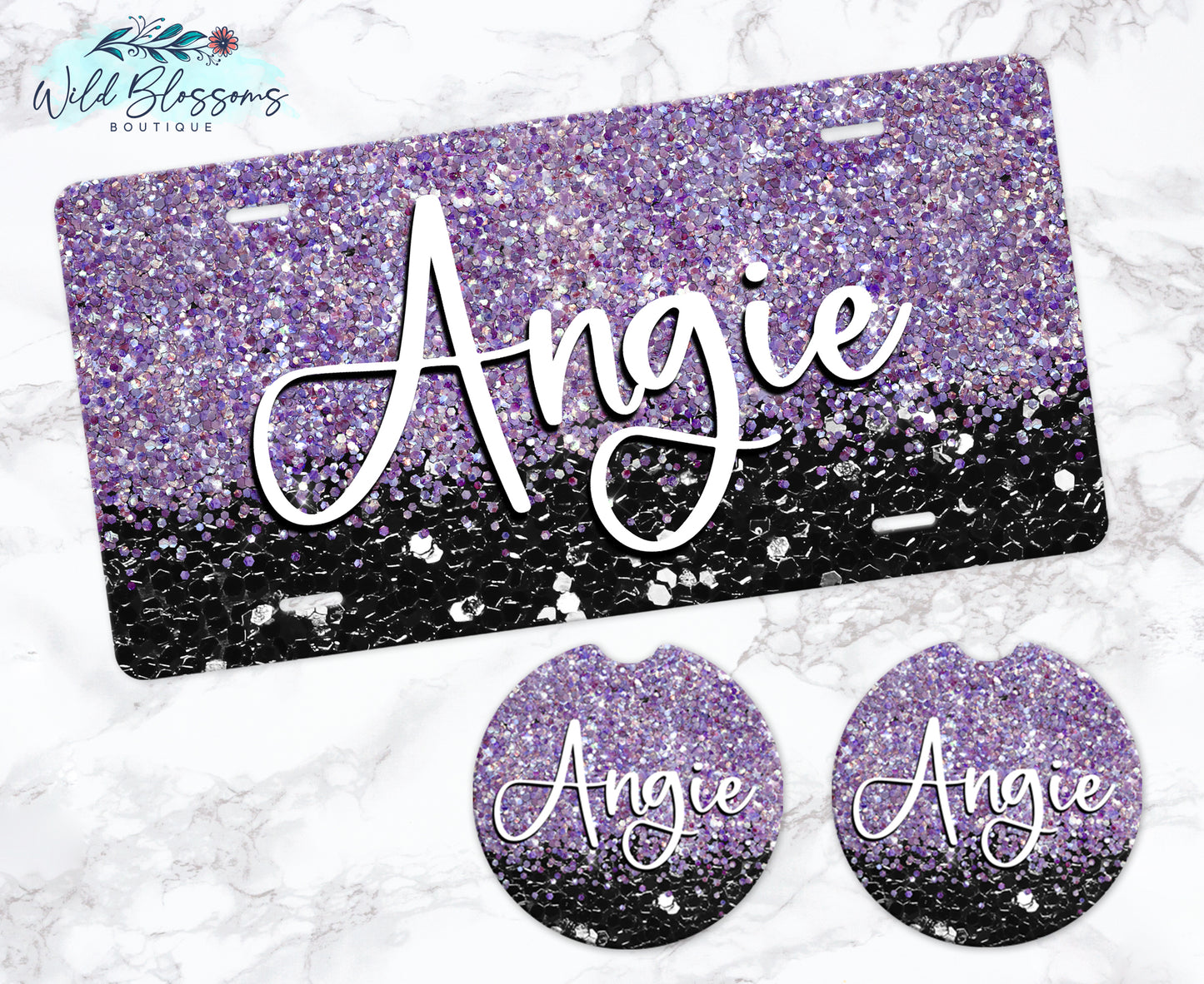 Black And Purple Glitter License Plate