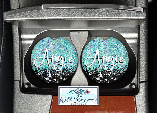 Black And Turquoise Glitter Personalized Car Coasters