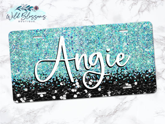 Black And Turquoise Glitter Personalized License Plate