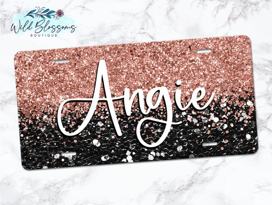 Black And Rose Gold Glitter License Plate