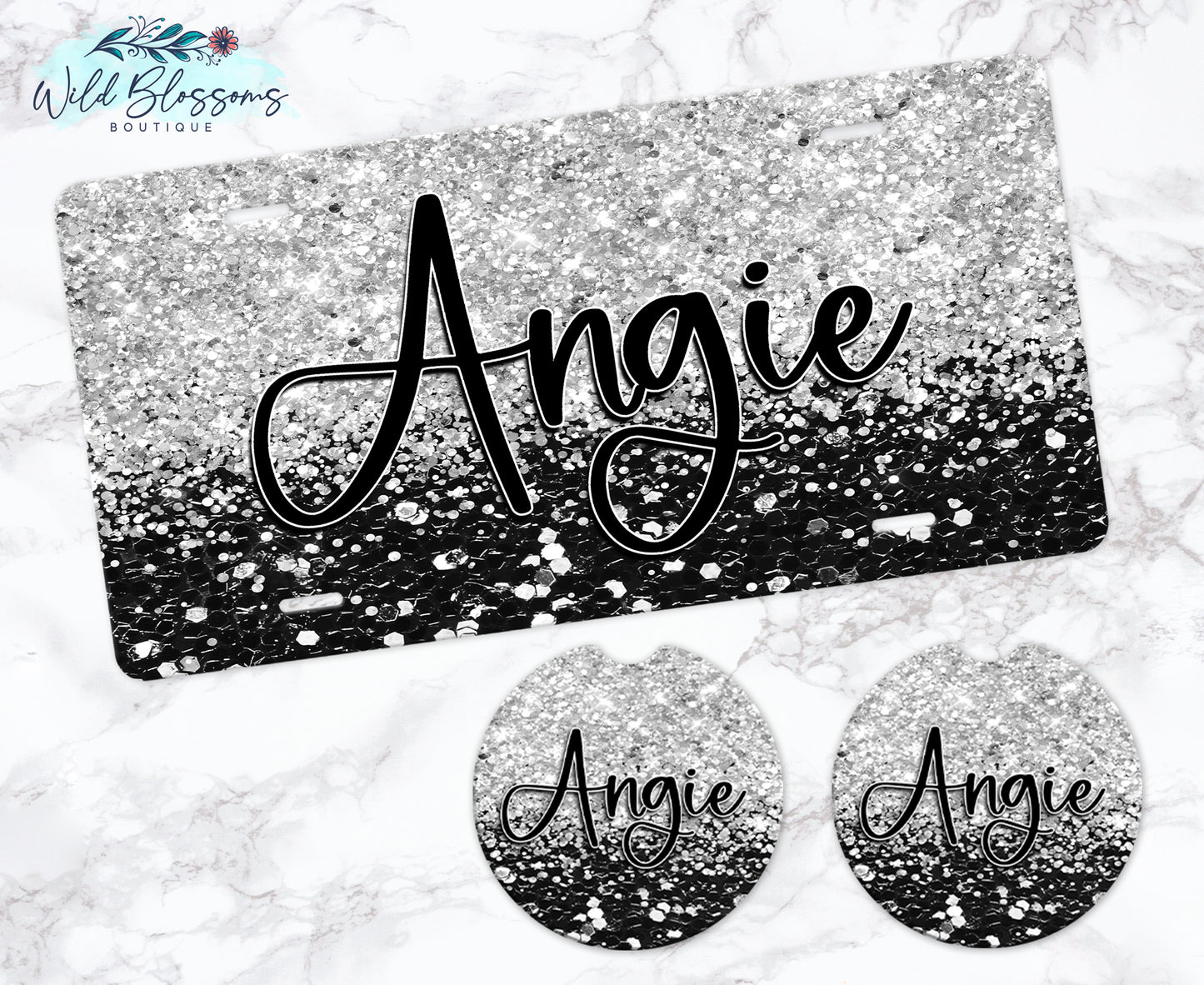 Black And Silver Glitter Car Coasters