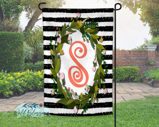 Black And White Striped Spring Floral Wreath Garden Flag