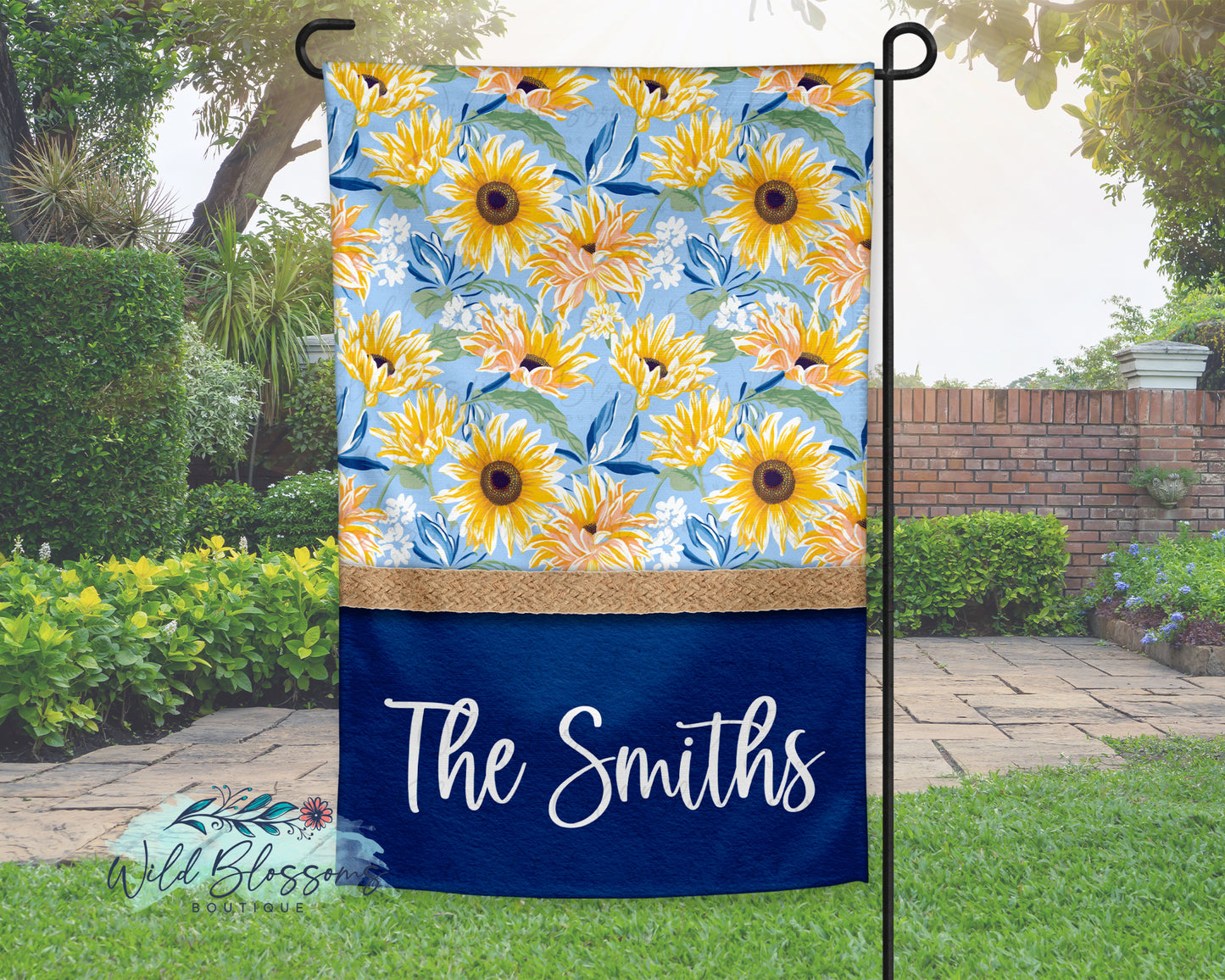 Navy Sunflower Floral Personalized Garden Flag