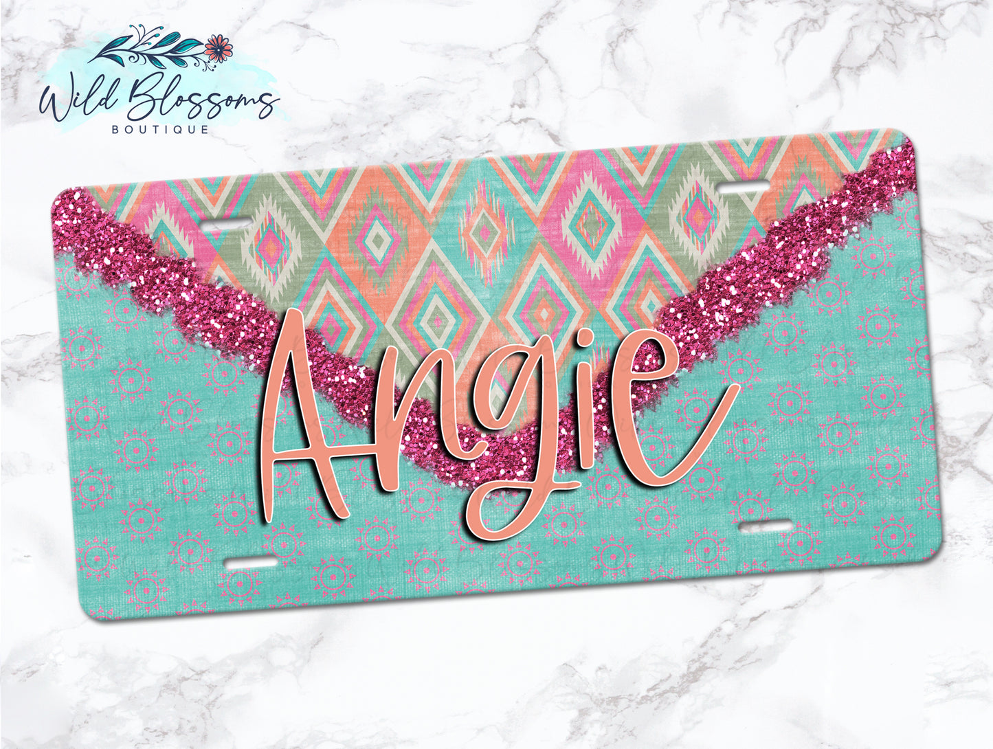 Boho Aztec Glitter Look License Plate