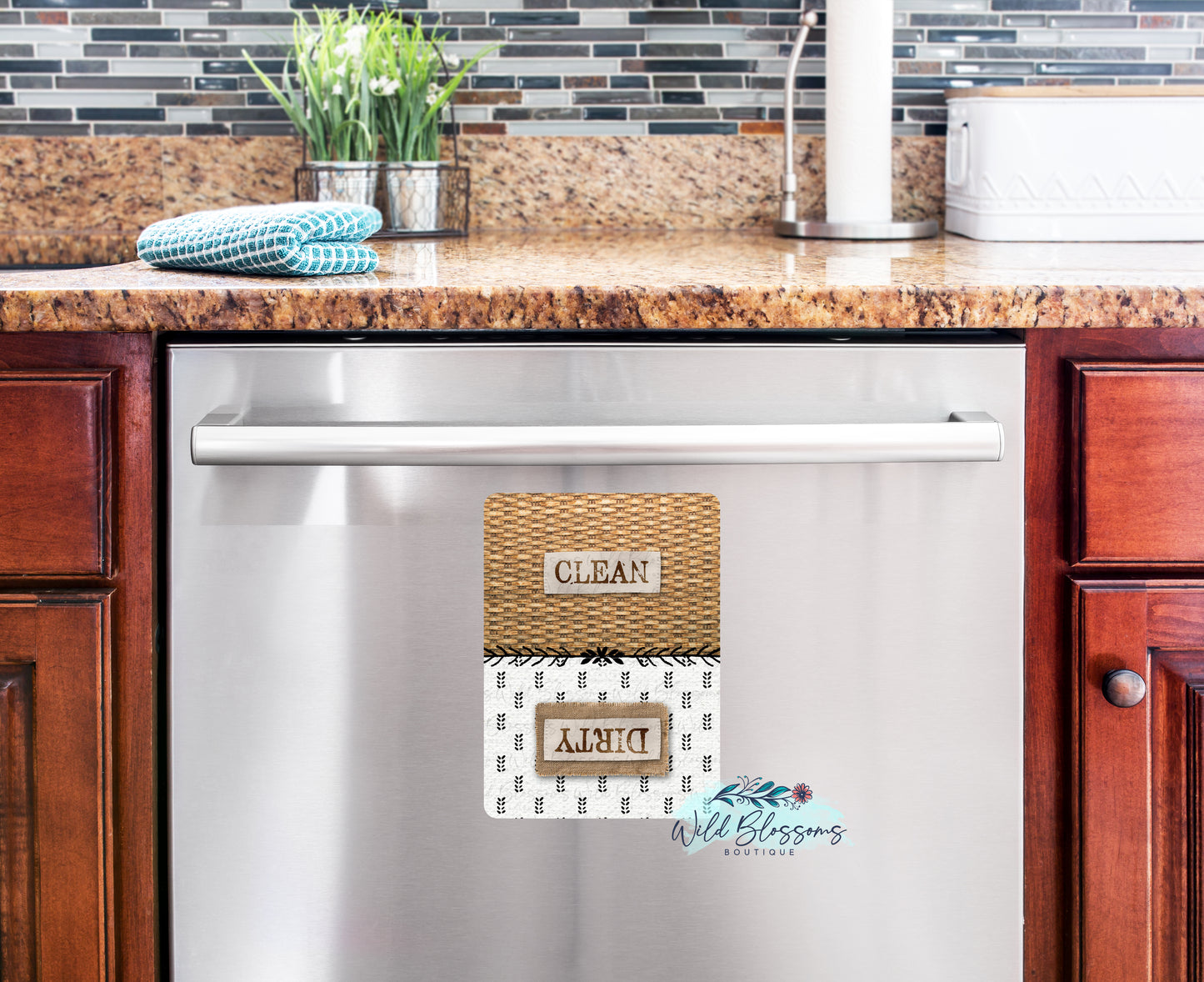 Boho Black And Wooden Clean / Dirty Dishwasher Magnet