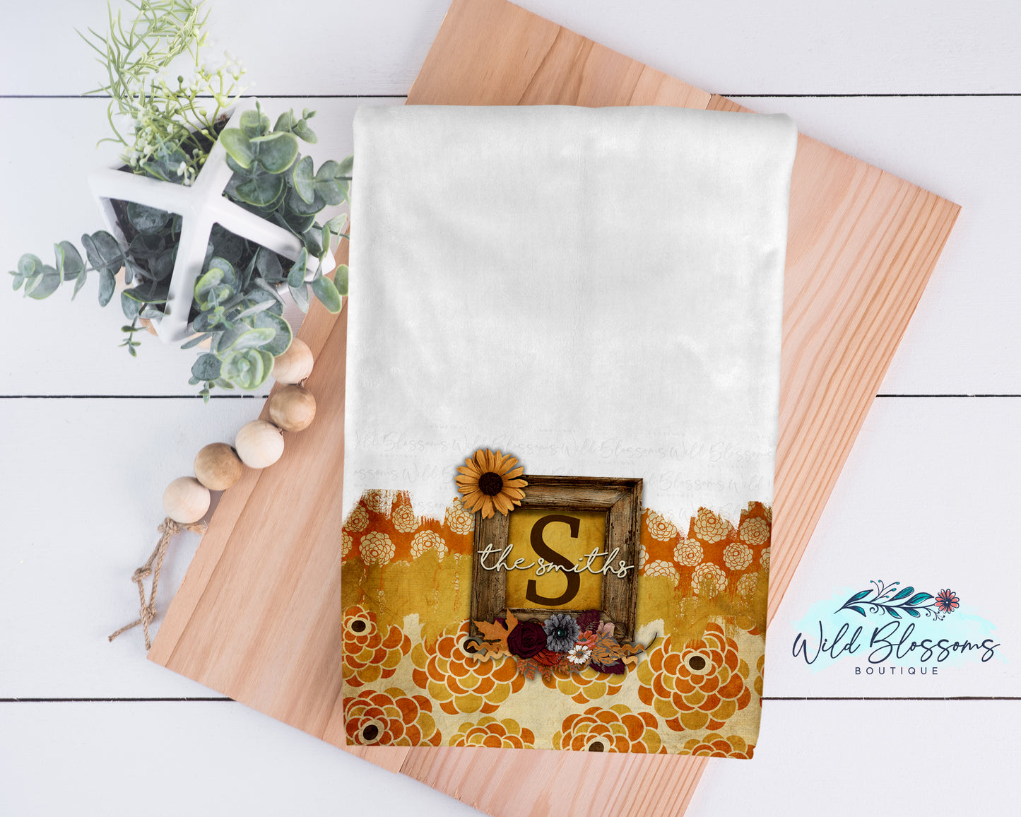 Boho Fall Floral Wooden Frame Personalized Kitchen Towel