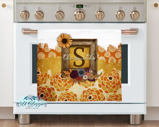 Boho Fall Floral Wooden Frame Personalized Kitchen Towel