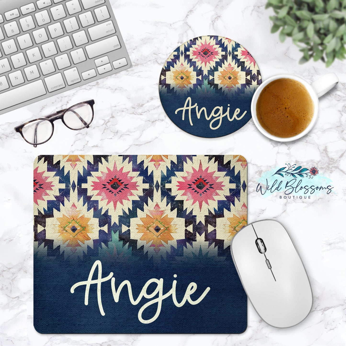 Boho Southwestern Personalized Mouse Pad And Coaster Desk Set