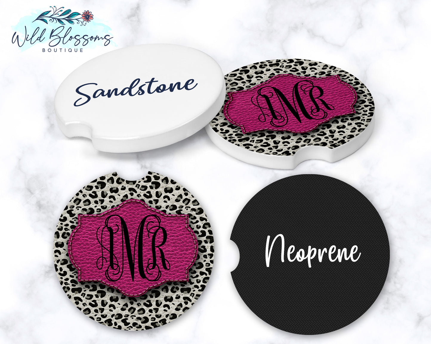 White Leopard Print With Pink Personalized Car Coasters