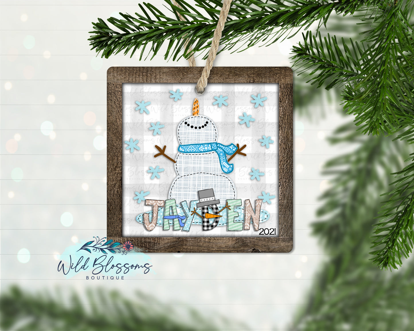 Wooden Frame Boy Snowman Ornament