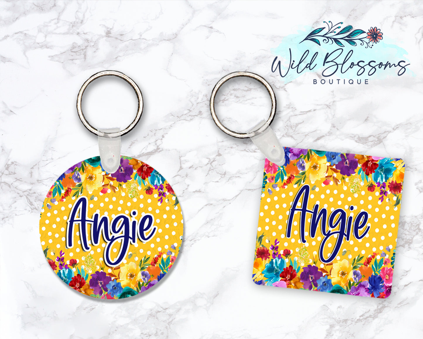 Bright Floral Mustard Personalized Round or Square Keychain