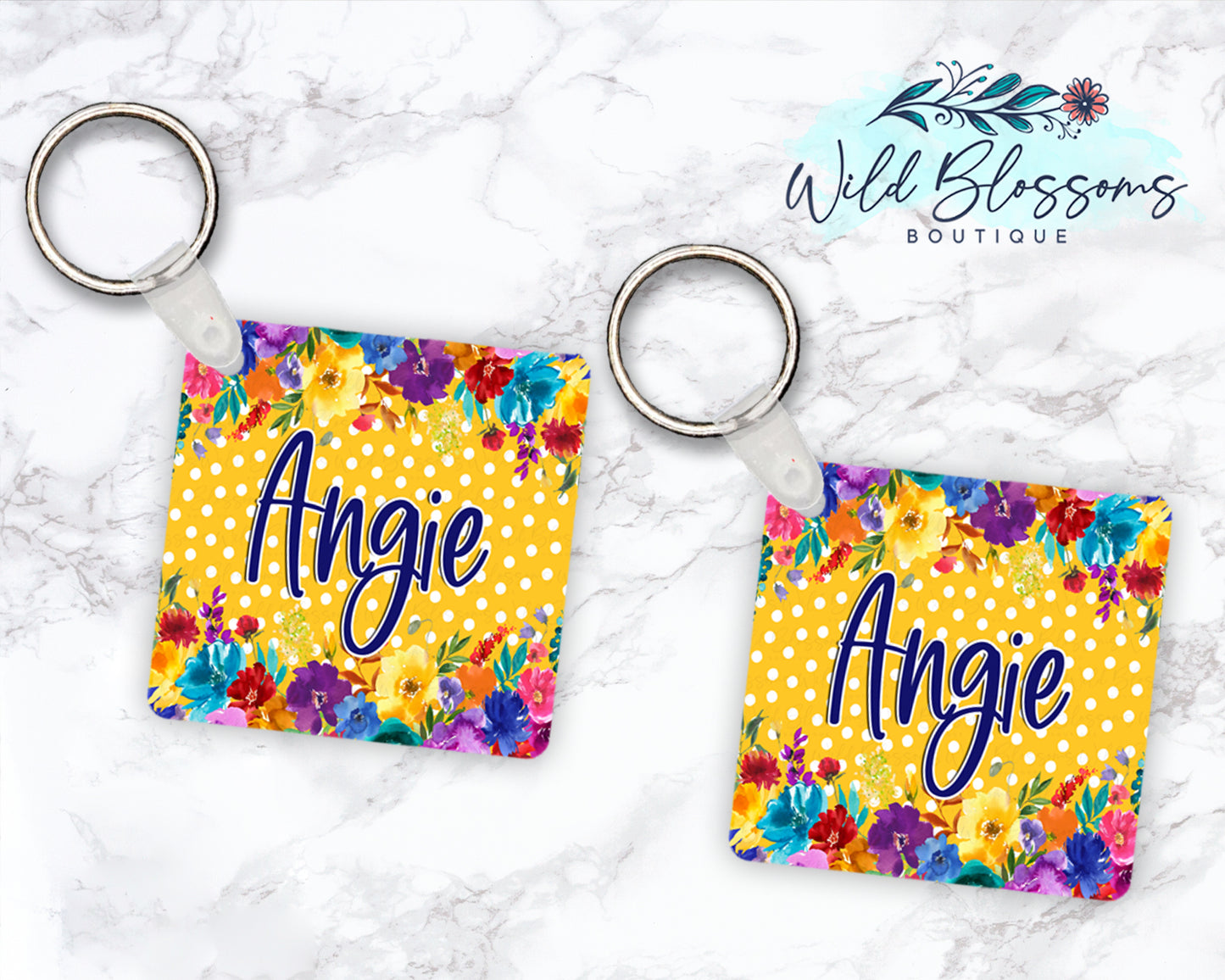 Bright Floral Mustard Personalized Round or Square Keychain