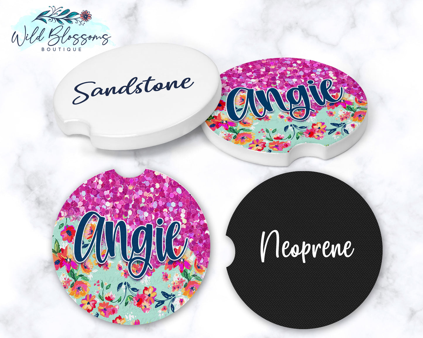 Bright Pink Floral Glitter Look Personalized Car Coasters