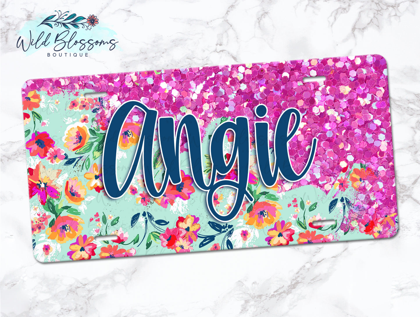 Bright Pink Floral Glitter Look Personalized License Plate