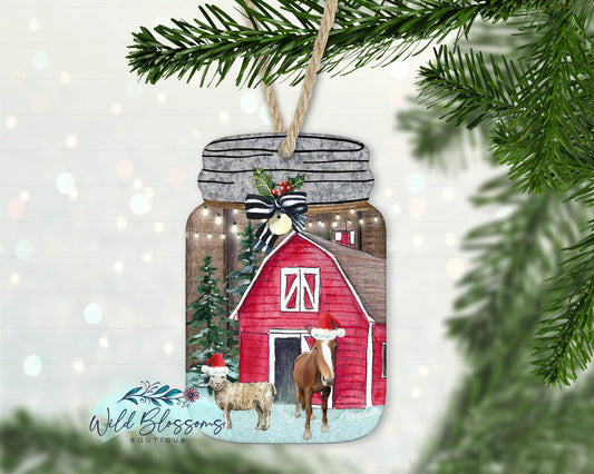 Winter Barn with Horse and Sheep Mason Jar Ornament