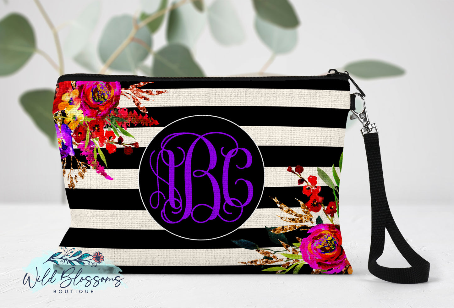 Black and White Striped Bright Floral Linen Bag
