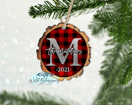 Buffalo Plaid Family Name Wood Slice Ornament