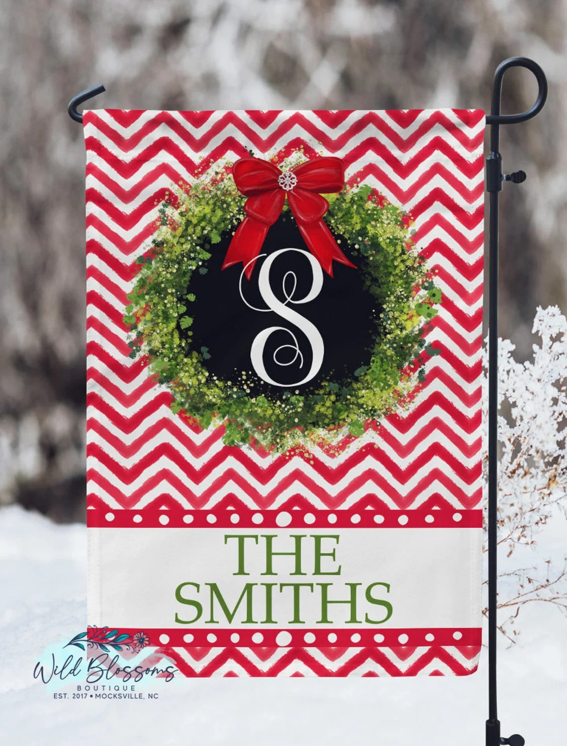 Chevron Christmas Wreath Personalized Garden Flag