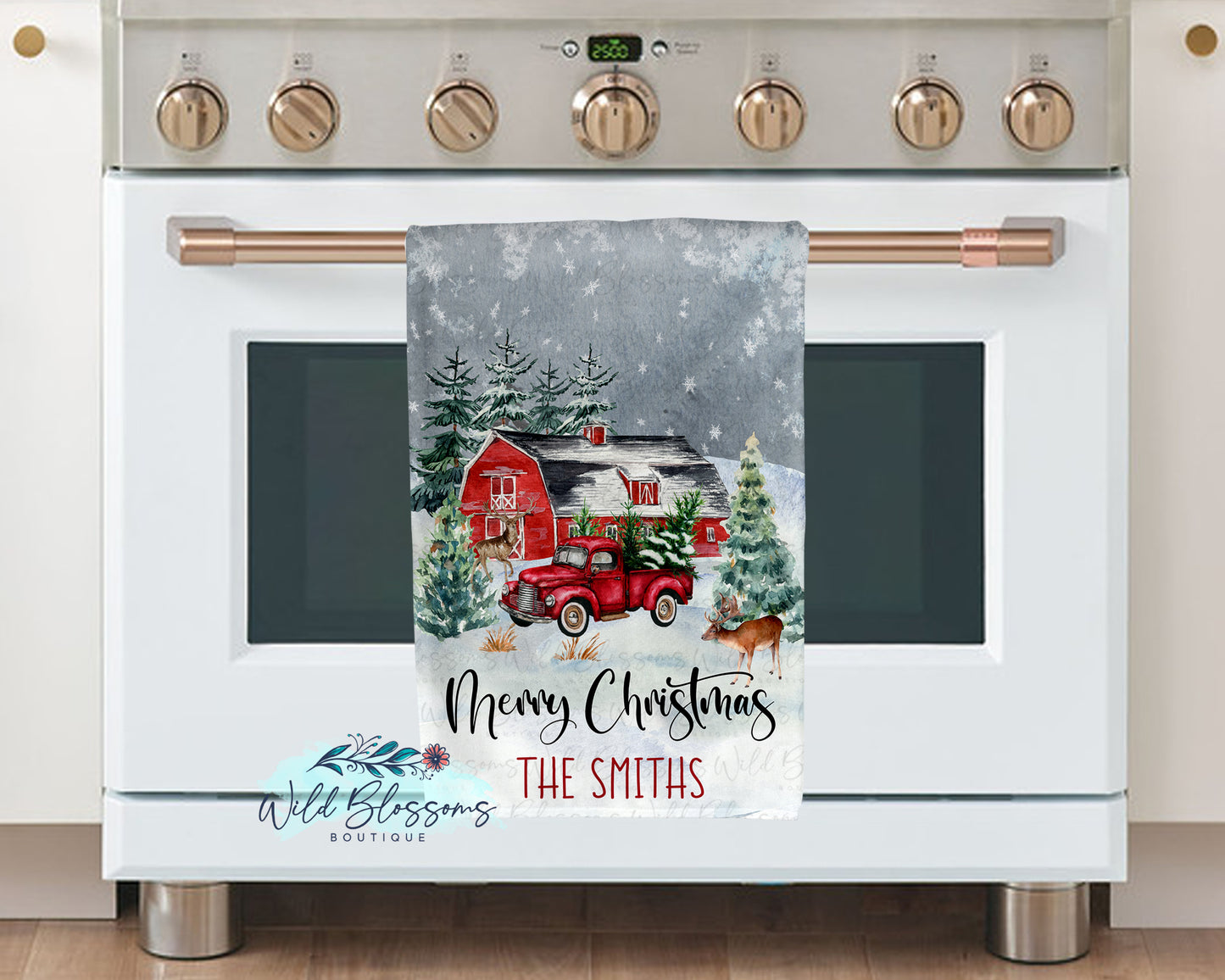 Christmas Barn Vintage Red Truck Kitchen Towel