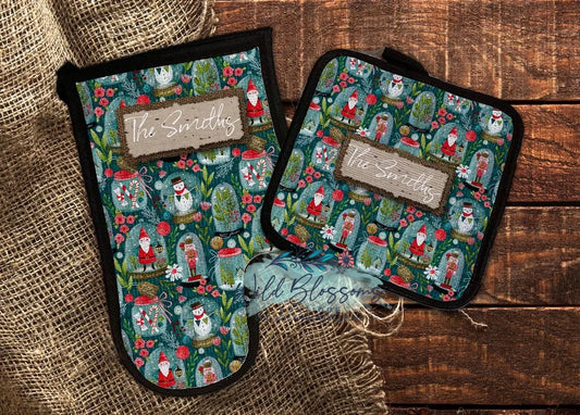 Christmas Floral Whimsy Nutcracker Snowman and Santa Personalized Pot Holder And Oven Mitt