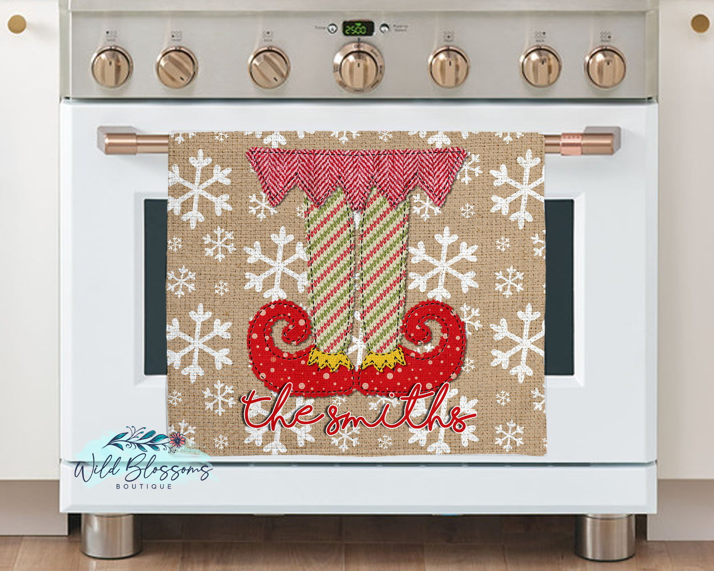Elf Feet Faux Applique Snowflake Christmas Kitchen Towel