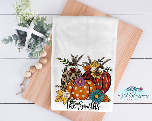 Fall Floral Pumpkin Trio Personalized Kitchen Towel