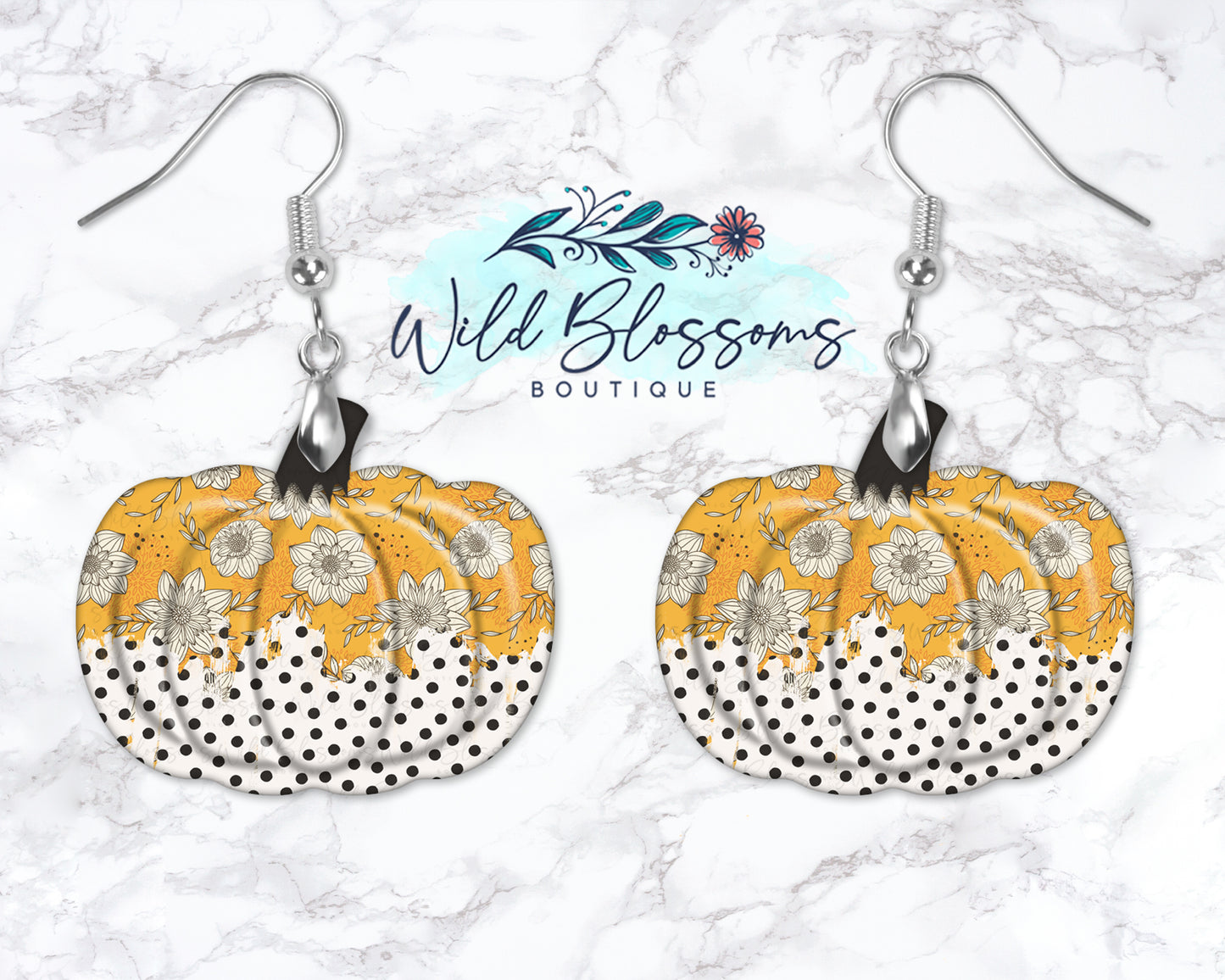 Floral Mustard And Polka Dot Pumpkin Drop Earrings