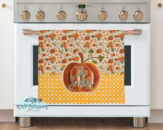 Fall Floral Pumpkin and Polka Dot Kitchen Towel