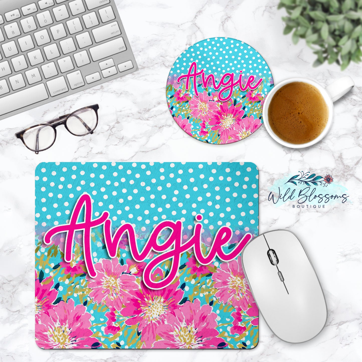 Hot Pink Floral And Aqua Polka Dot Personalized Mouse Pad And Coaster Desk Set