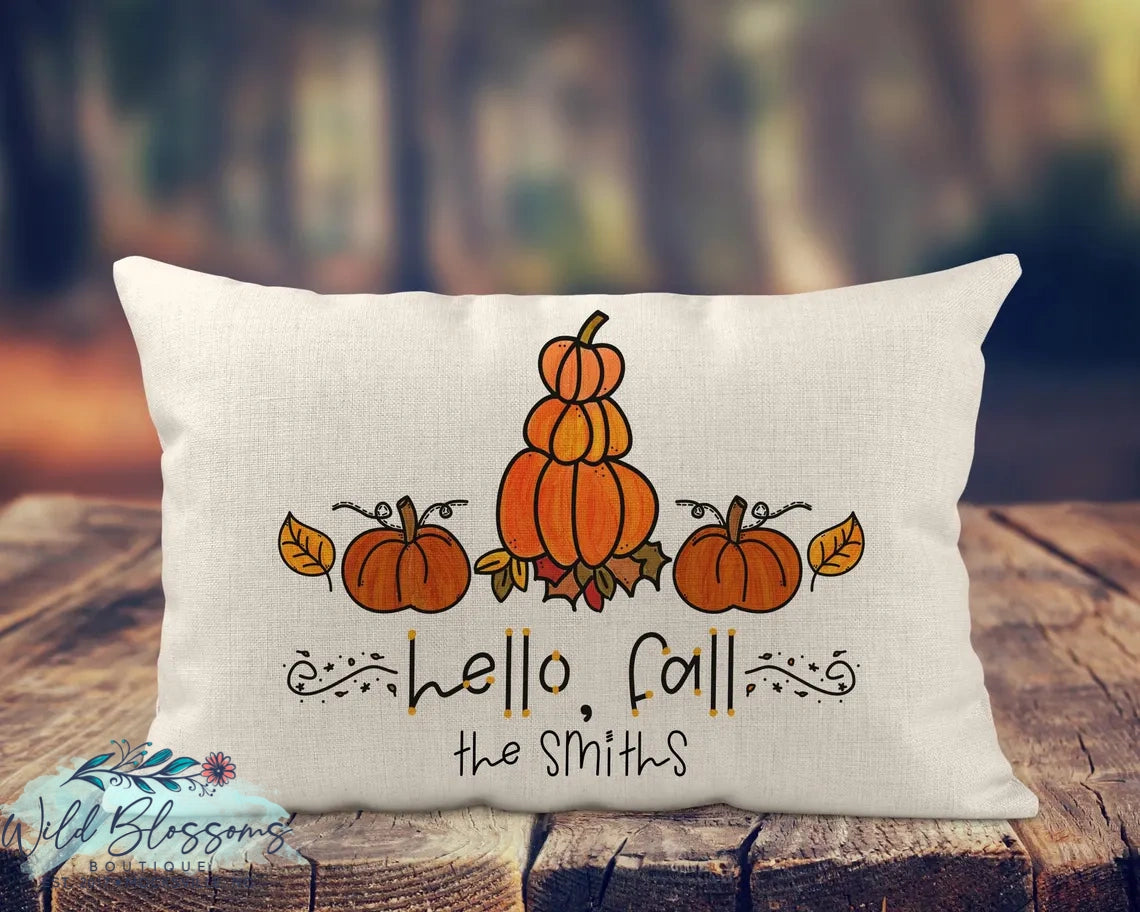 Hello Fall Pumpkin Personalized Lumbar Pillow