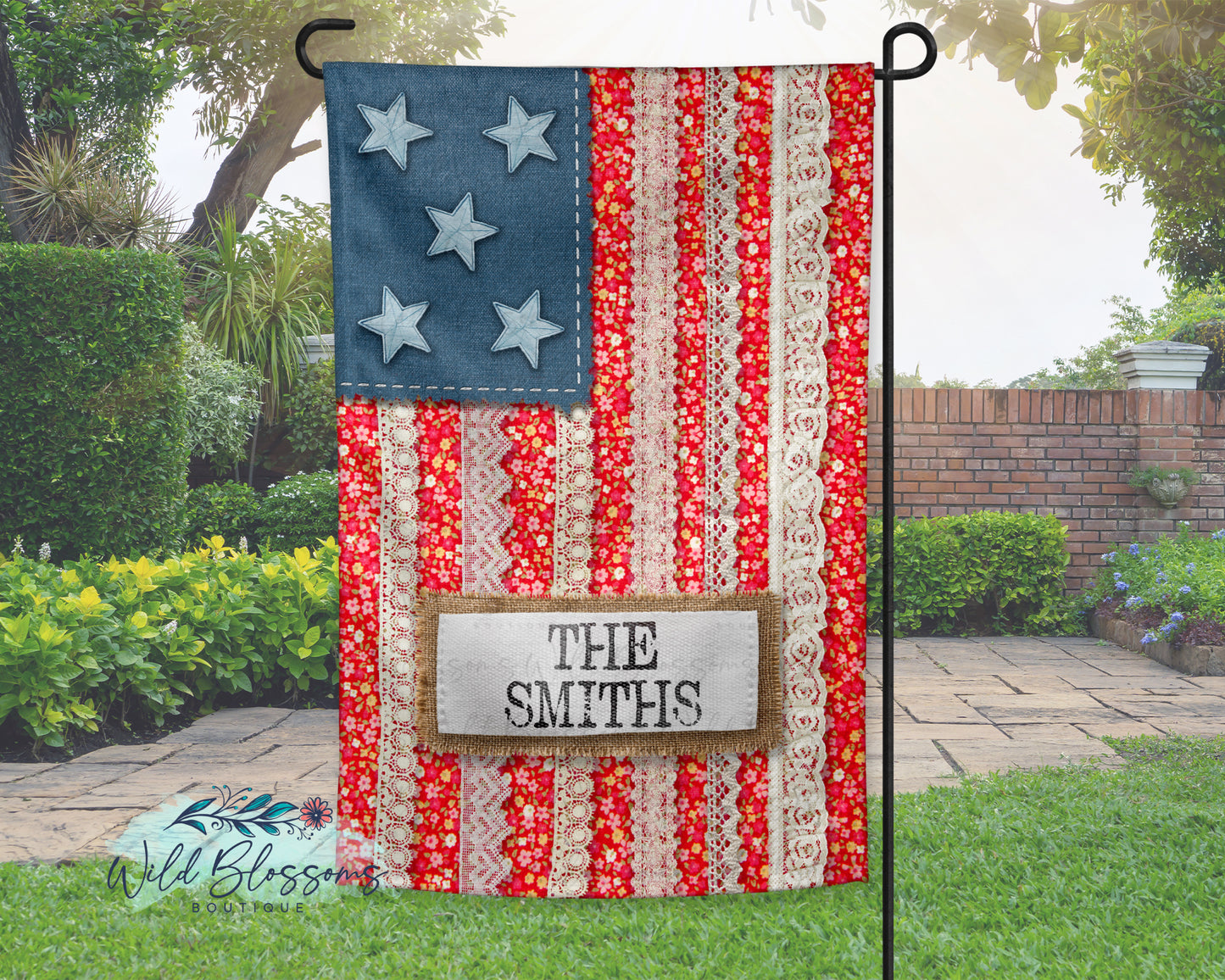 Lace Patchwork American Flag Personalized Garden Flag