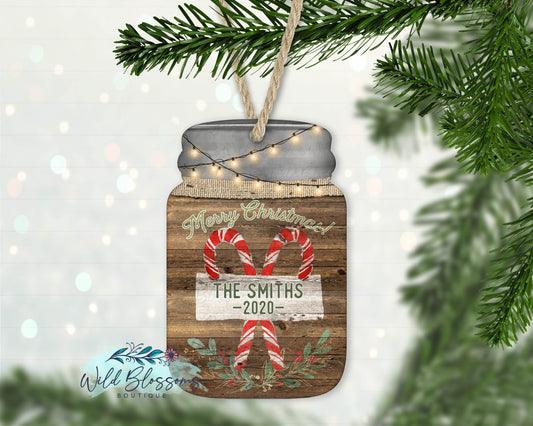 Merry Christmas Candy Cane Mason Jar Ornament