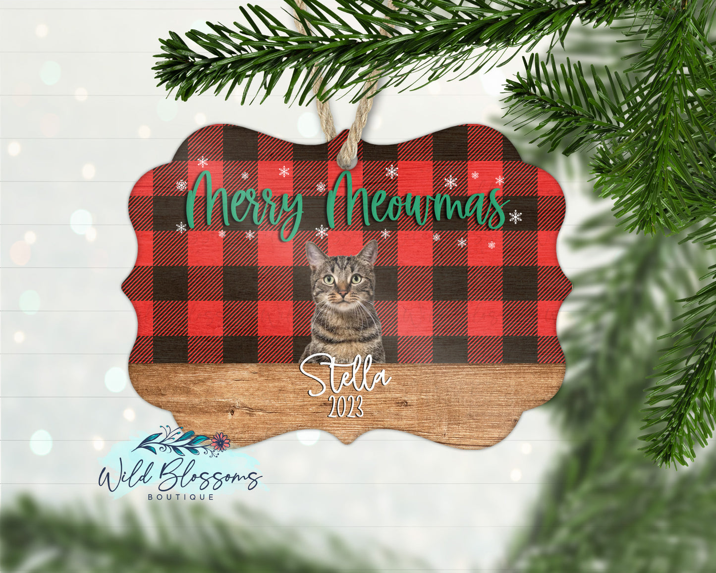 Merry Woofmas Buffalo Plaid Wooden Frame Benelux Photo Ornament