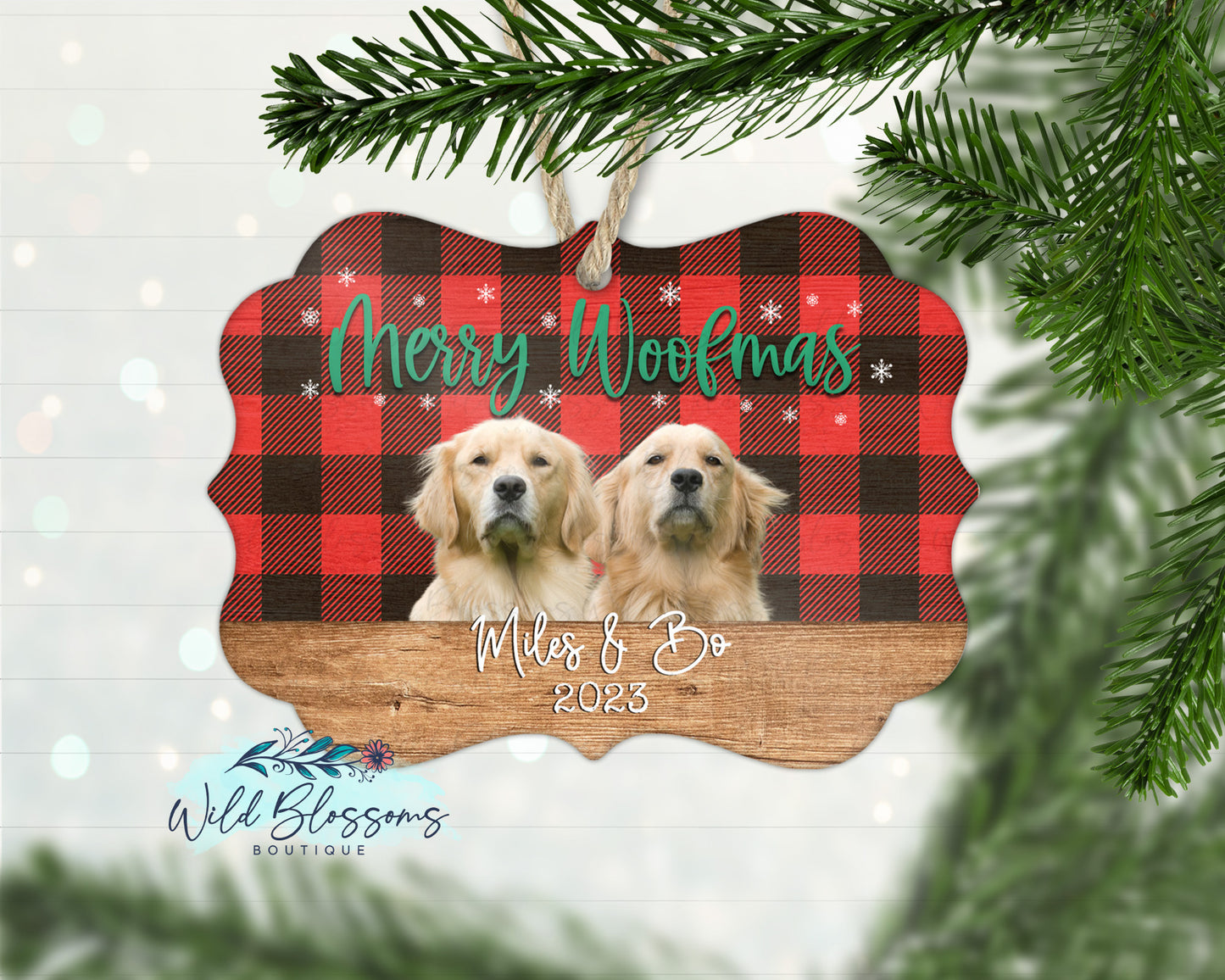 Merry Woofmas Buffalo Plaid Wooden Frame Benelux Photo Ornament