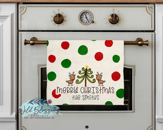 Merry Christmas Polka Dot Reindeer Personalized Kitchen Towel