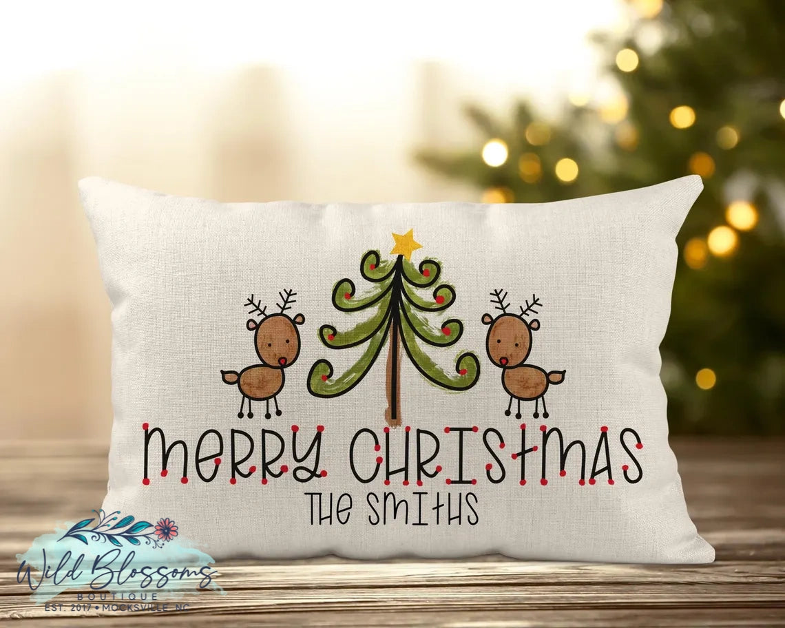 Merry Christmas Reindeer Personalized Lumbar Pillow