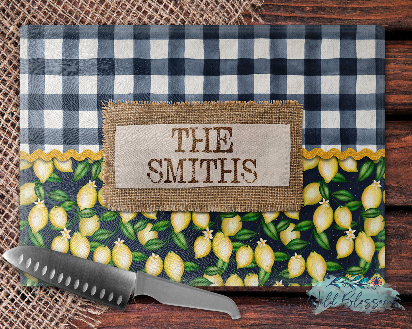 Navy Buffalo Plaid Lemon Farmhouse Personalized Kitchen Towel