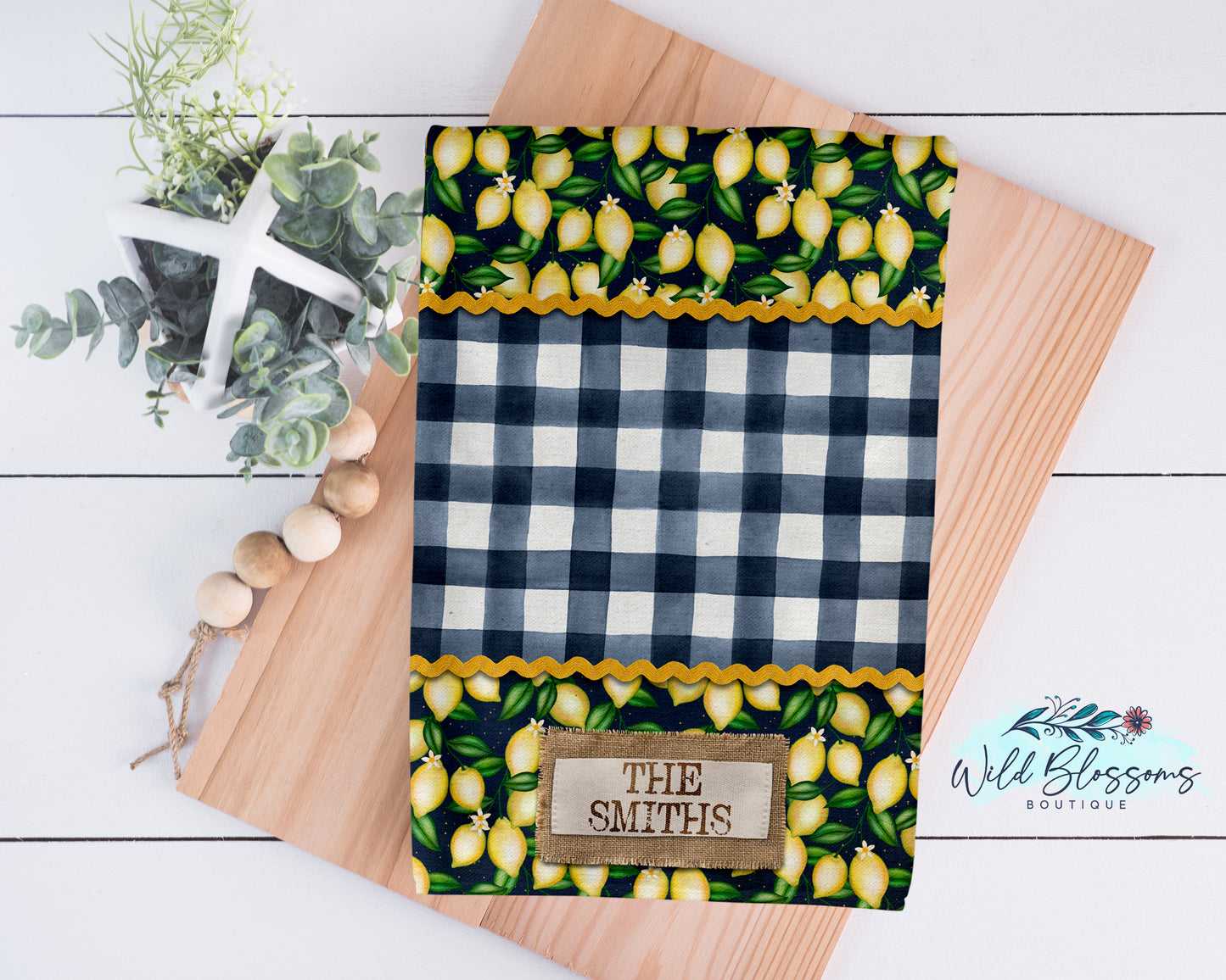 Navy Buffalo Plaid Lemon Farmhouse Personalized Kitchen Towel