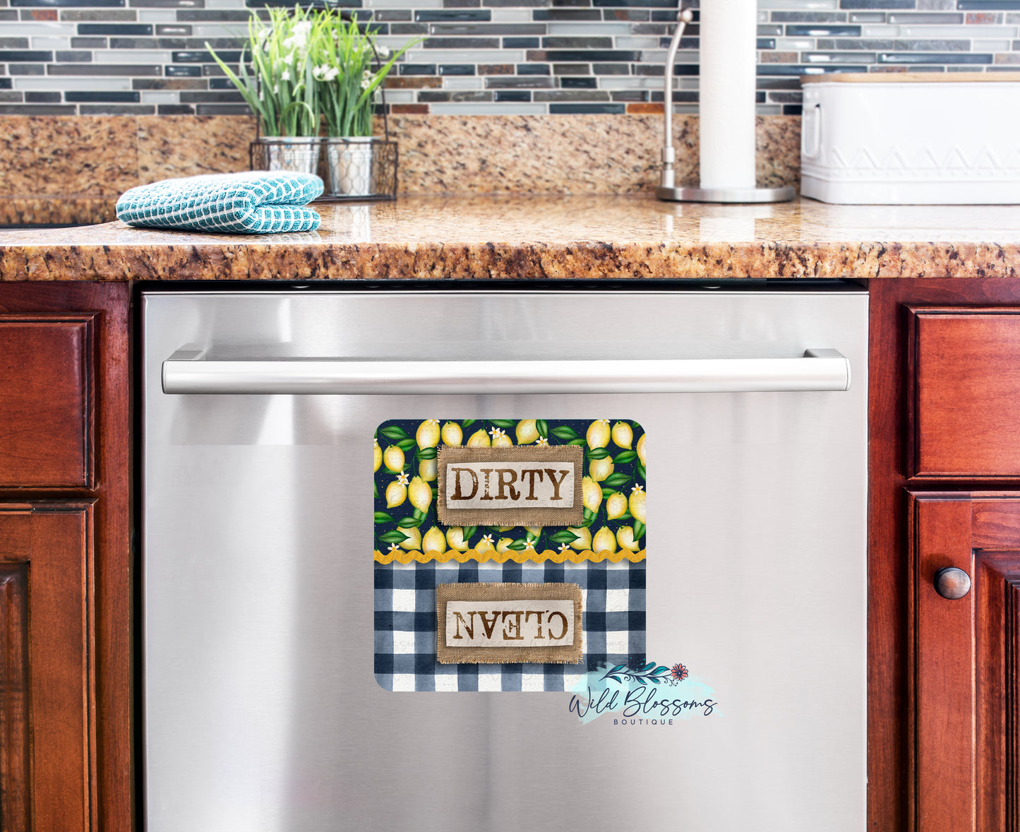 Navy Buffalo Plaid Lemon Farmhouse Personalized Kitchen Towel