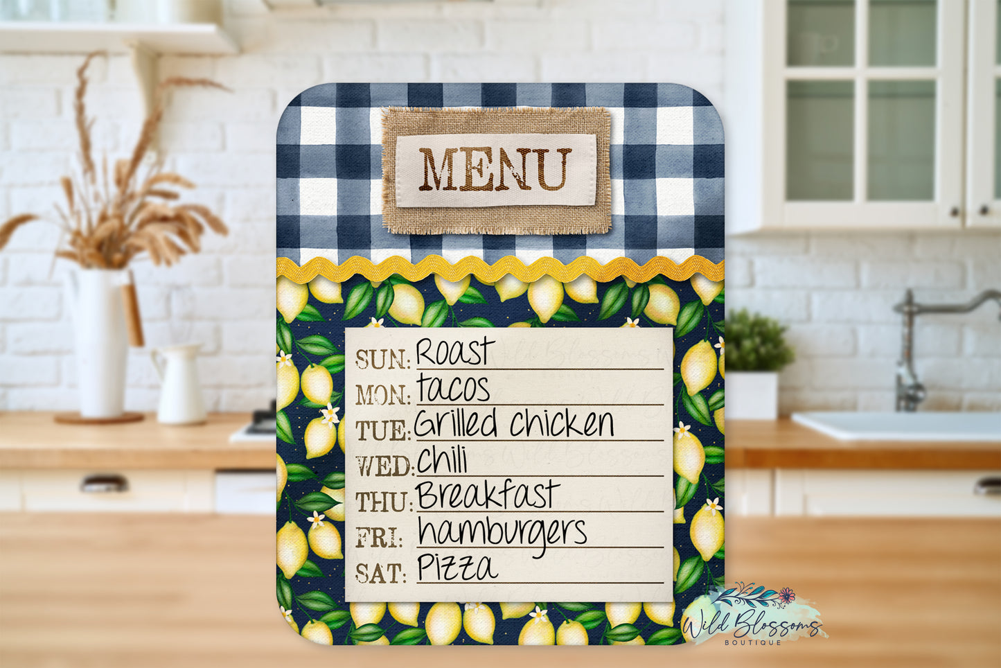 Navy Buffalo Plaid Lemon Farmhouse Personalized Kitchen Towel