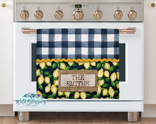 Navy Buffalo Plaid Lemon Farmhouse Personalized Kitchen Towel