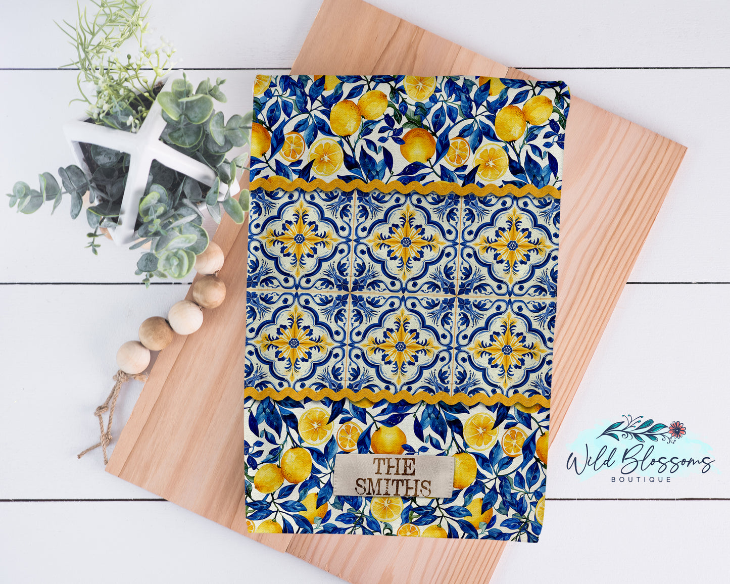 Navy Blue Lemon Tile Personalized Kitchen Towel